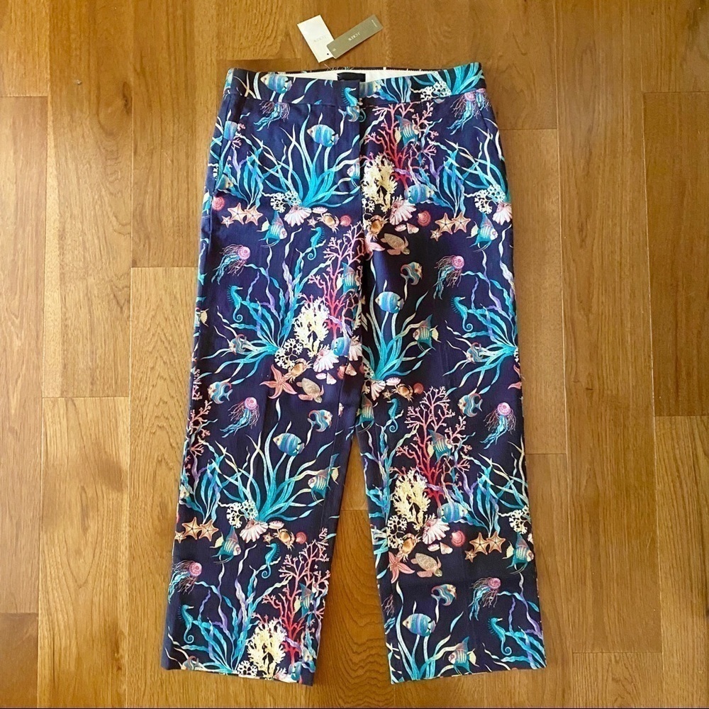NWT J. Crew Capri Crop Pants Under the Sea Patio Blue Pink Yellow Cotton Size 4